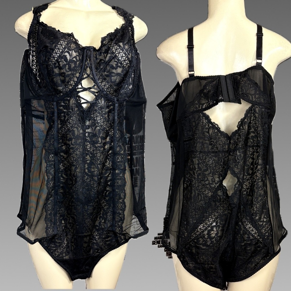 Torrid Curve Black Floral Lace Sheer Mesh Caged Detail Underwire Bodysuit 6X
